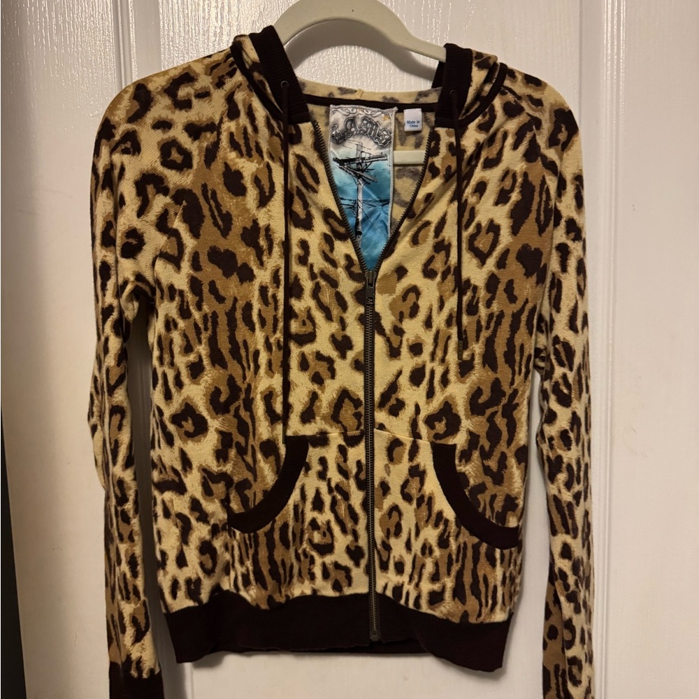 EUC L.A.M.B. Gwen Stefani Cashmere Leopard Print Zip-Up Hoodie
